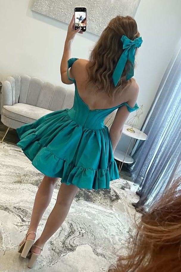 Off-Shoulder A-Line Empire-Waist Pleated Satin Short Homecoming Dress