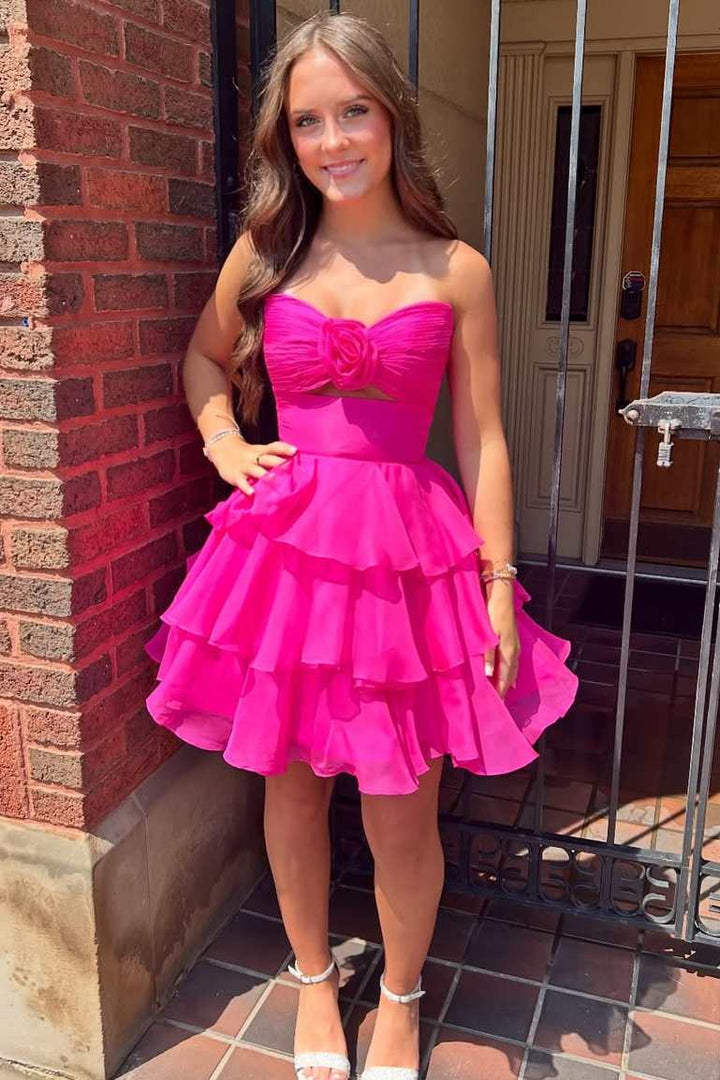 Strapless V-Neck A-Line Empire-Waist Layered Chiffon Homecoming Dress