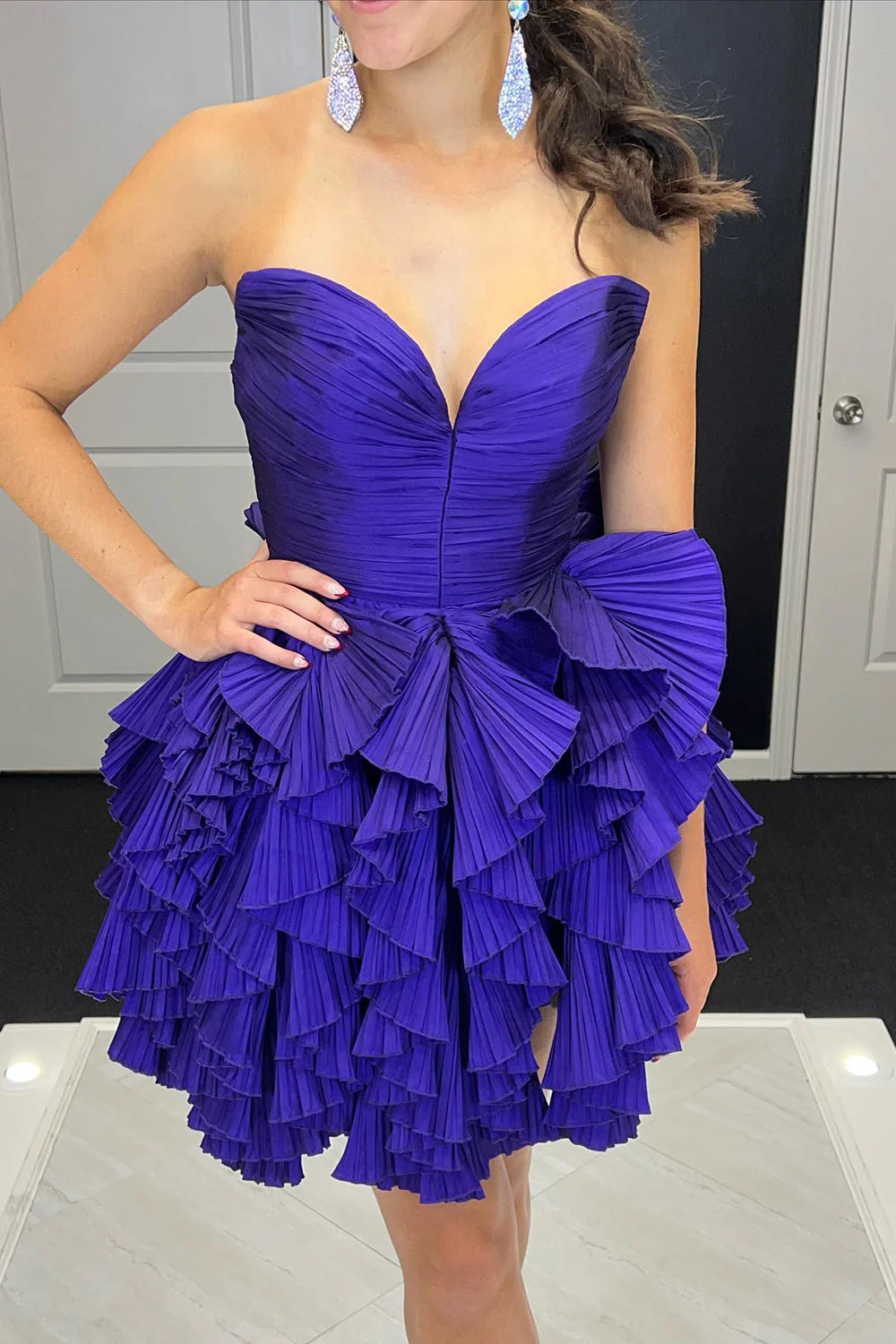 Purple Strapless A-Line Ruffles V-Neck Short Homecoming Dress