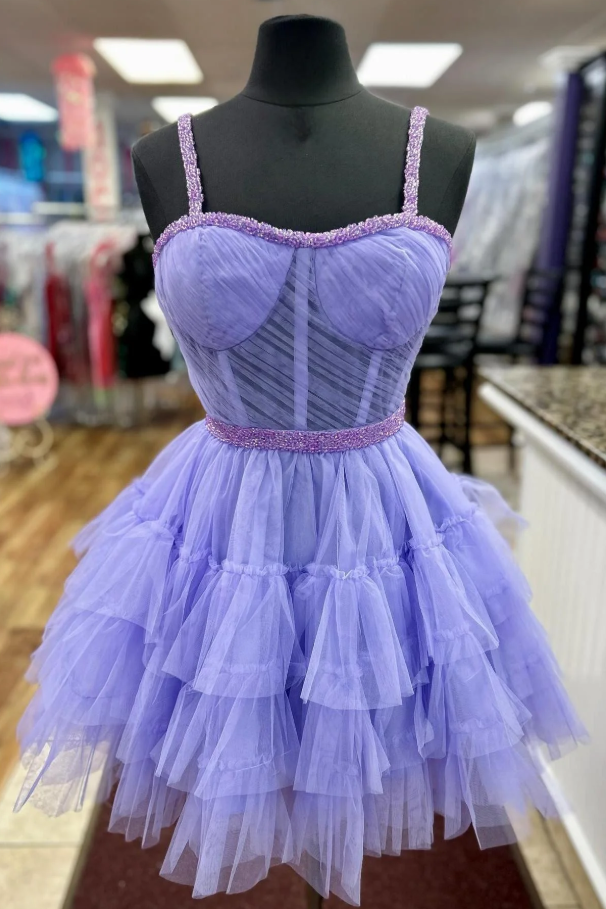 Spaghetti Straps A-Line Sweetheart Ruffles Tulle Short Homecoming Dress