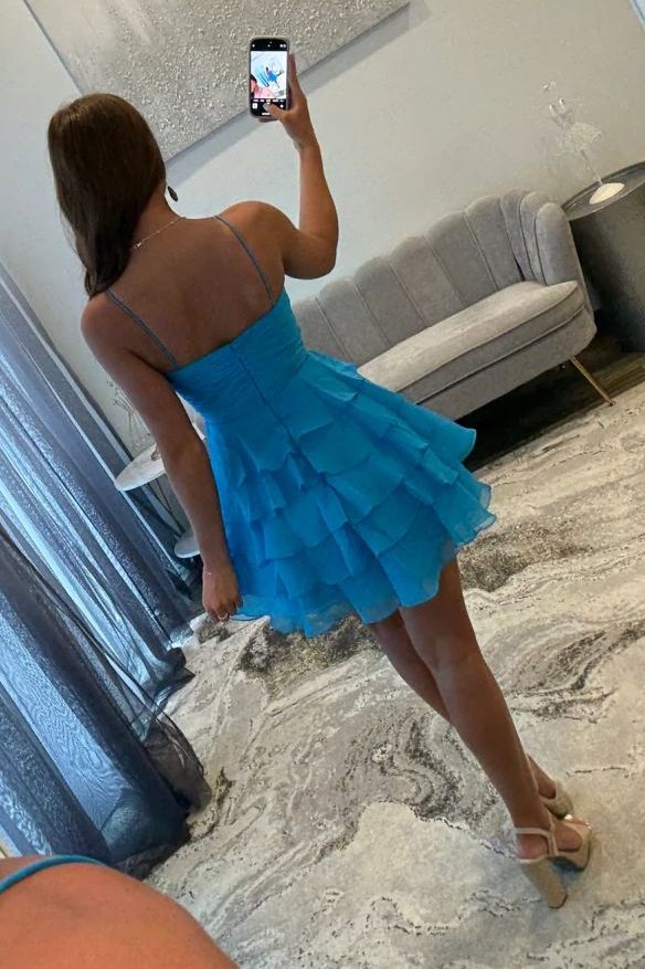 Spaghetti Straps A-Line Ruffles Chiffon Short Homecoming Dress