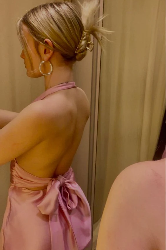Pink Halter V-Neck A-Line Empire-Waist Satin Mini Homecoming Dress