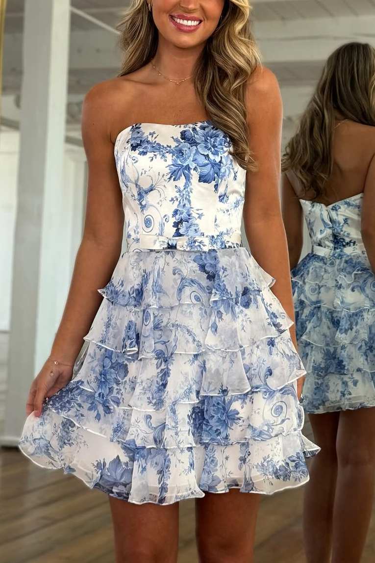 Strapless Ruffles Chiffon Print A-Line Sleeveless Short Homecoming Dress