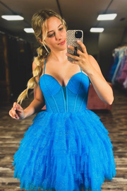 Spaghetti Straps V-Neck Ruffles Tulle A-Line Short Homecoming Dress