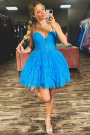 Spaghetti Straps V-Neck Ruffles Tulle A-Line Short Homecoming Dress