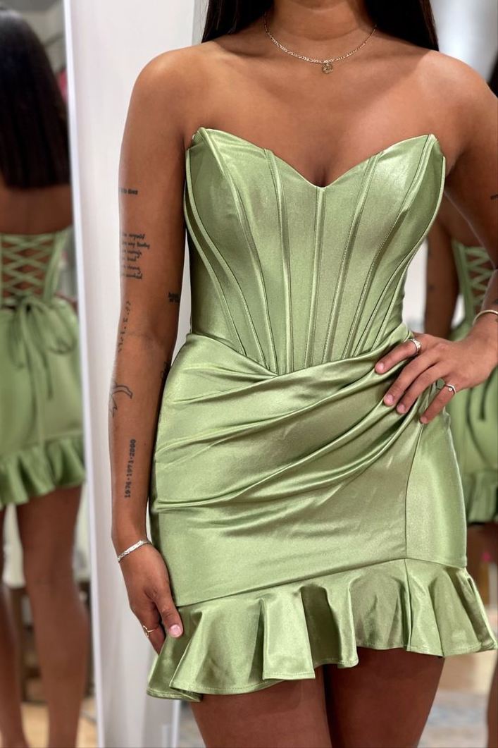 Strapless V-Neck Pleats Satin Ruffles Mini Homecoming Dress
