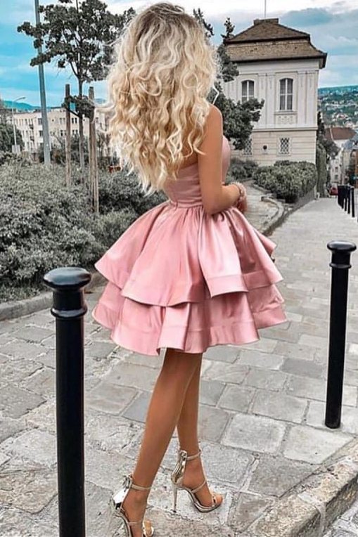 One Shoulder A-Line Satin Layered Sleeveless Satin Short Homecoming Dress