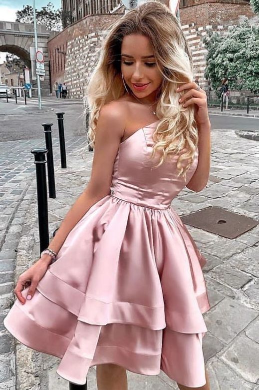 One Shoulder A-Line Satin Layered Sleeveless Satin Short Homecoming Dress