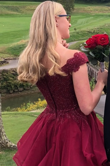 Burgundy Off-Shoulder A-Line Empire-Waist Appliques Homecoming Dress
