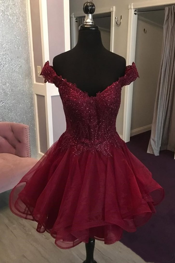 Burgundy Off-Shoulder A-Line Empire-Waist Appliques Homecoming Dress