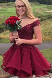 Burgundy Off-Shoulder A-Line Empire-Waist Appliques Homecoming Dress