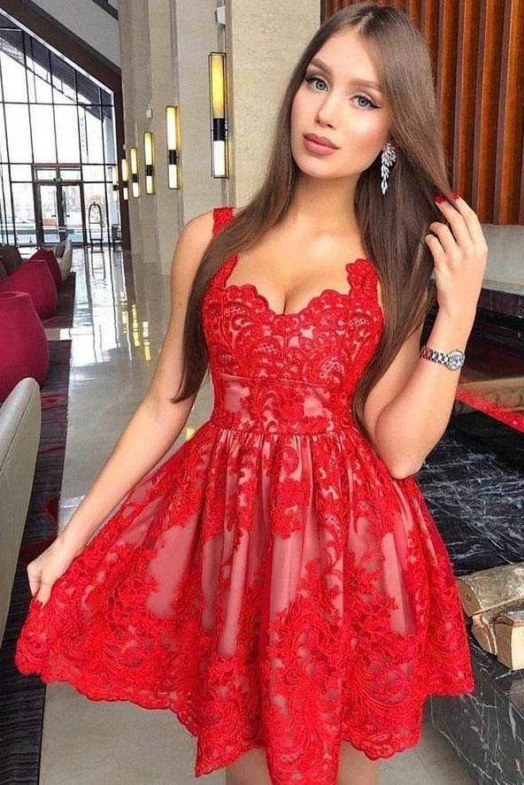 Red A-Line Straps V-Neck Empire-Waist Lace Short Cocktail Homecoming Dress