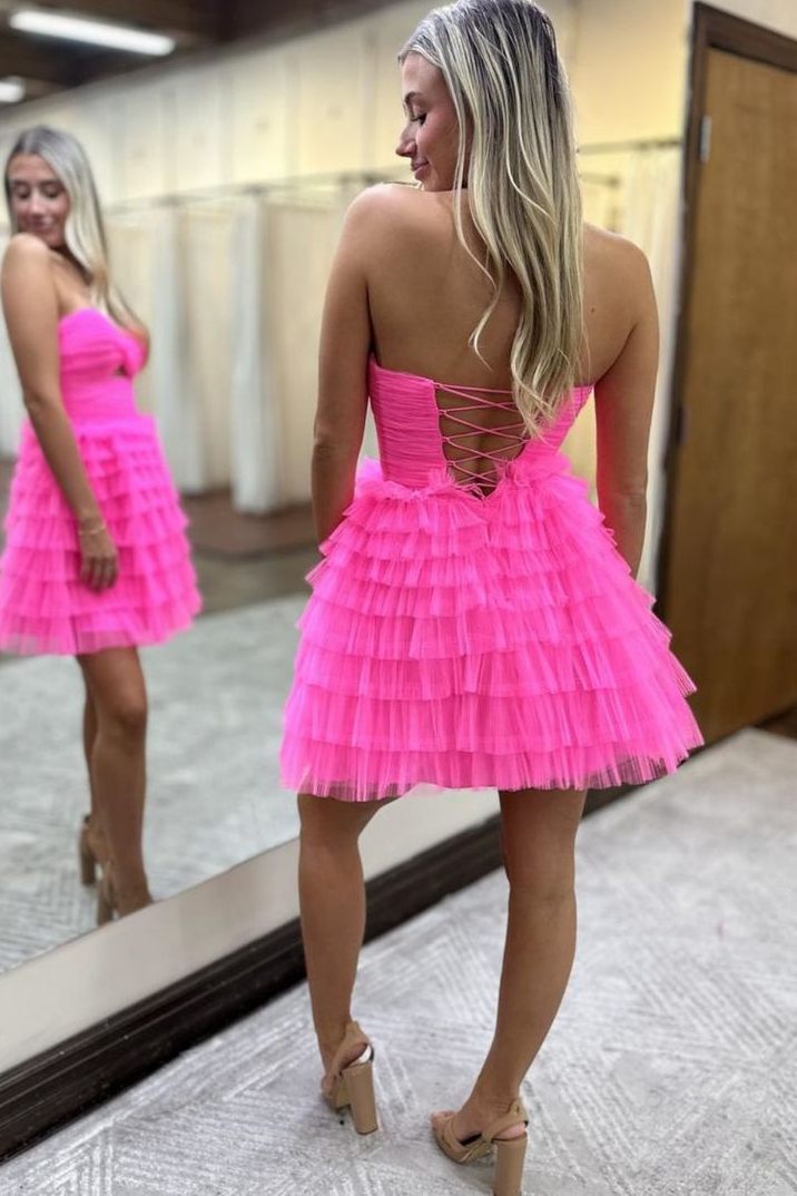 Pink A-Line Strapless Keyhole Ruffles Tulle Short Homecoming Dress