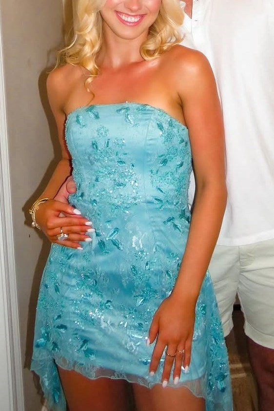 Blue Strapless Lace Appliques Sleeveless Short Homecoming Dress