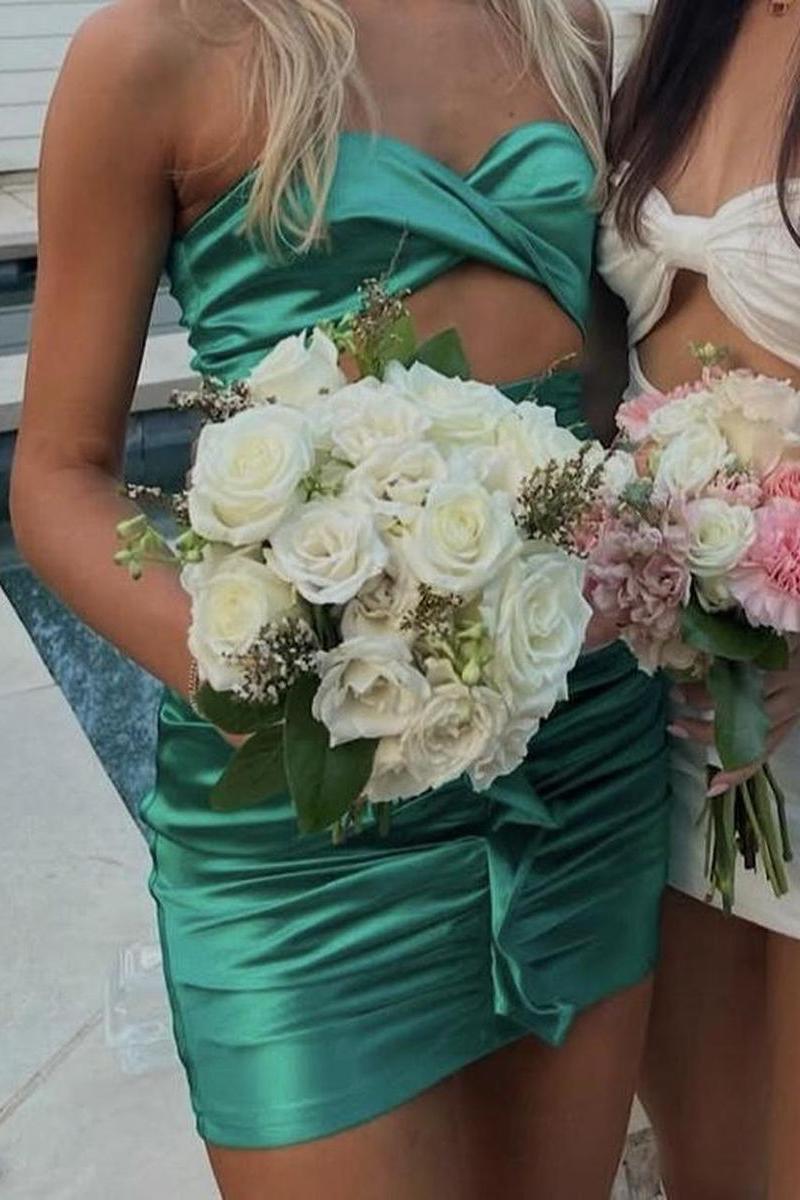 Green Strapless Keyhole Pleated Mini Party Homecoming Dress
