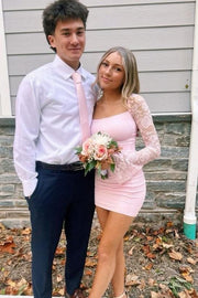 Pink Lace Long Sleeves Pleats Scoop Neck Mini Homecoming Party Dress