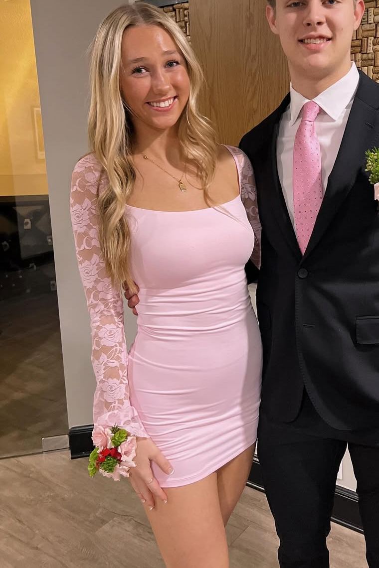 Pink Lace Long Sleeves Pleats Scoop Neck Mini Homecoming Party Dress