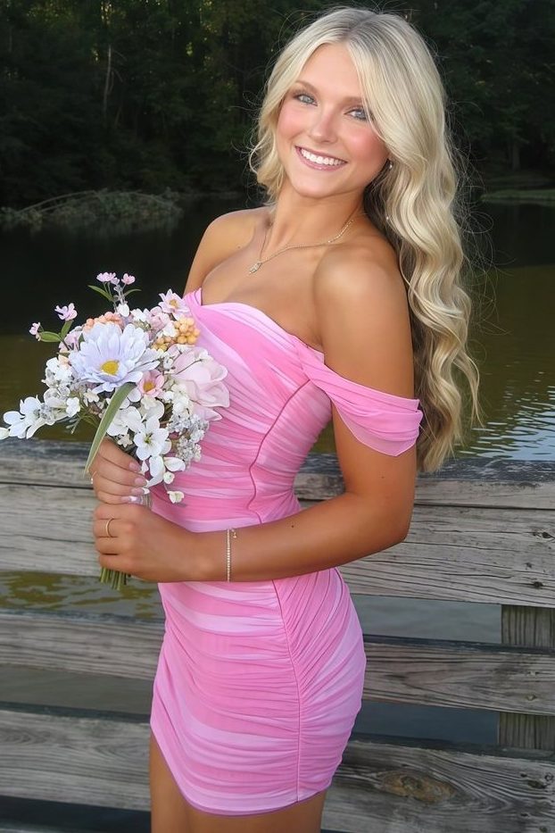 Pink Off-Shoulder Sweetheart Pleats Tight Party Homecoming Dress