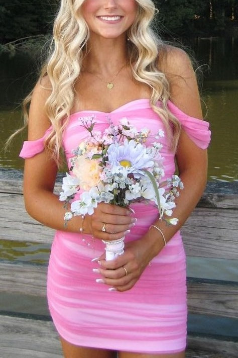Pink Off-Shoulder Sweetheart Pleats Tight Party Homecoming Dress