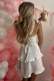White Ruffles Satin Sleeveless Short Graduation Homecoming Dress with Straps