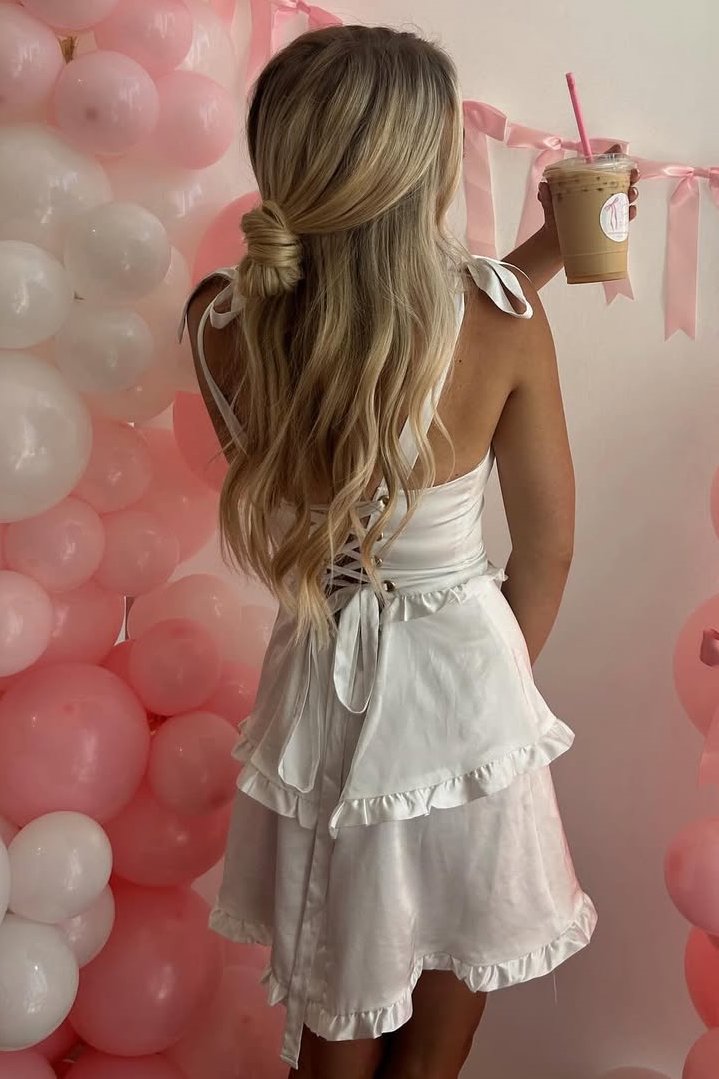 White Ruffles Satin Sleeveless Short Graduation Homecoming Dress with Straps