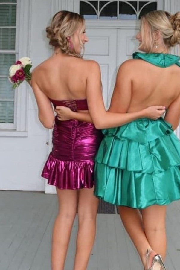 Purple Strapless Scoop Pleats Metallic Tight Homecoming Party Dress