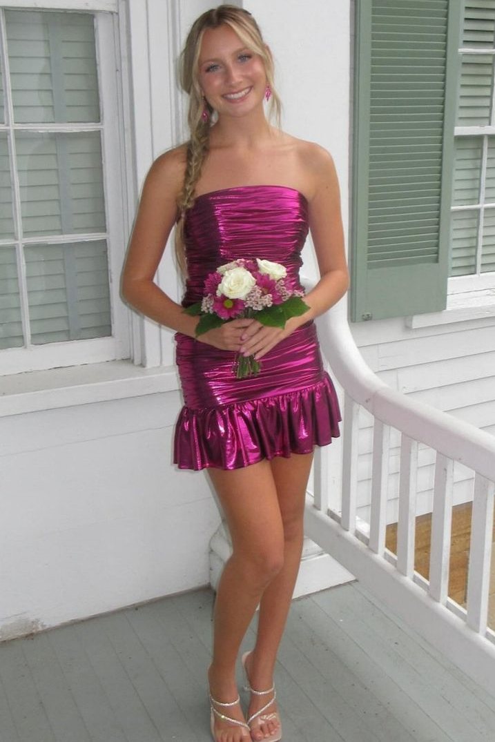 Purple Strapless Scoop Pleats Metallic Tight Homecoming Party Dress