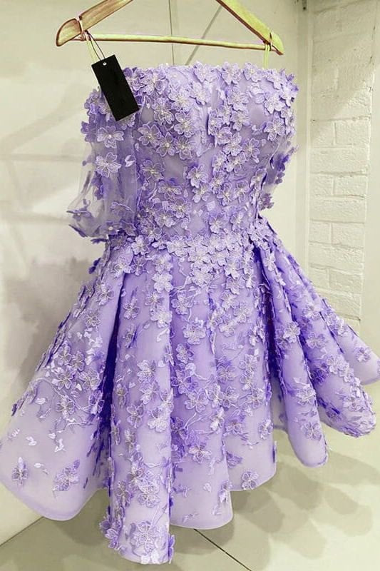 Lilac Strapless A-Line Lace Appliques Empire-Waist Short Homecoming Dress