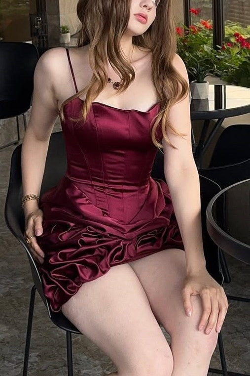 Burgundy Chic Spaghetti Straps Ruffles Satin Sleeveless Mini Homecoming Dress