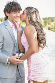 Cute Pink Sequined V-Neck Pleats Backless Mini Homecoming Dress