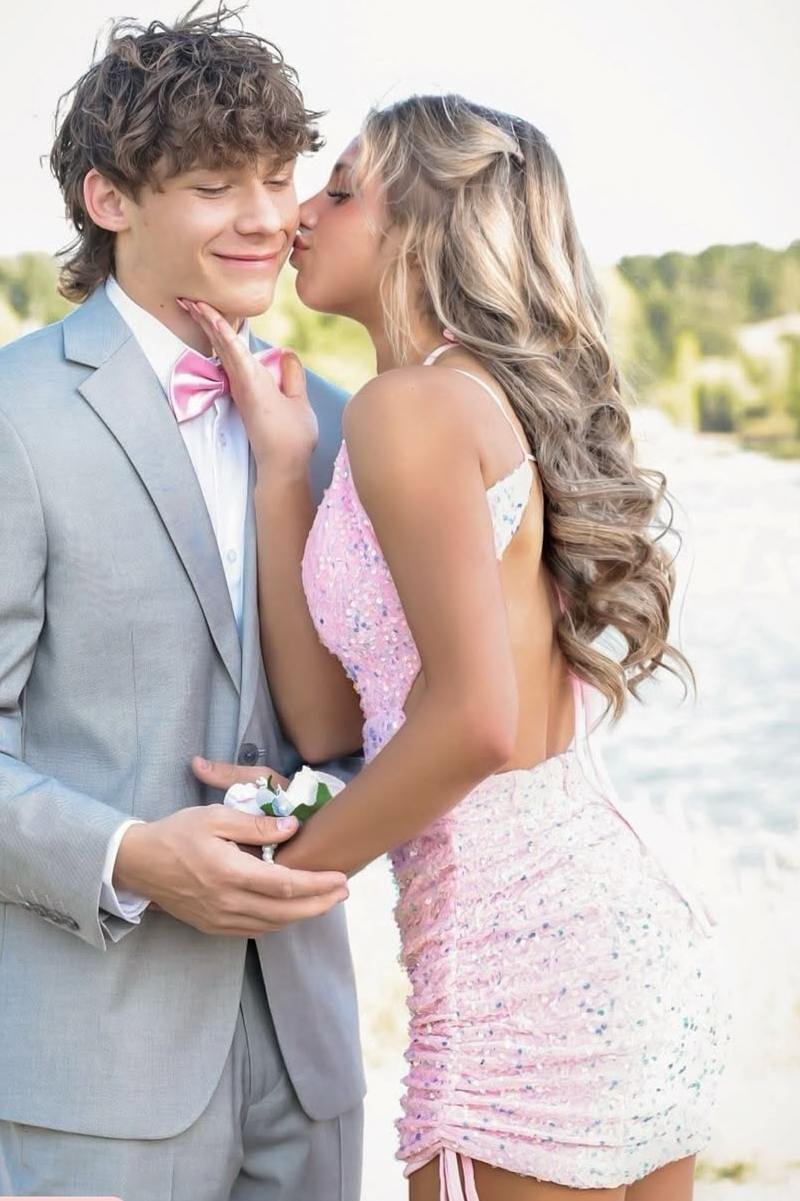Cute Pink Sequined V-Neck Pleats Backless Mini Homecoming Dress