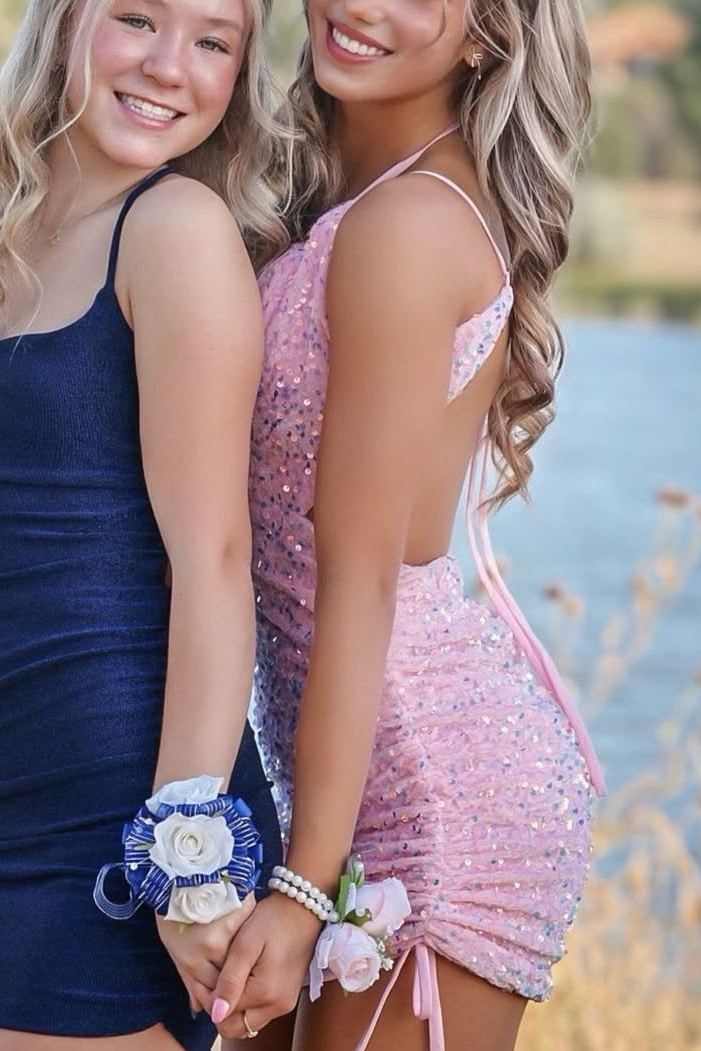 Cute Pink Sequined V-Neck Pleats Backless Mini Homecoming Dress