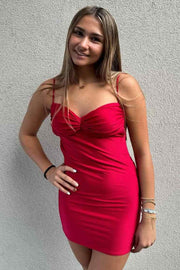 Red Spaghetti Straps V-Neck Pleats Sleeveless Mini Homecoming Dress