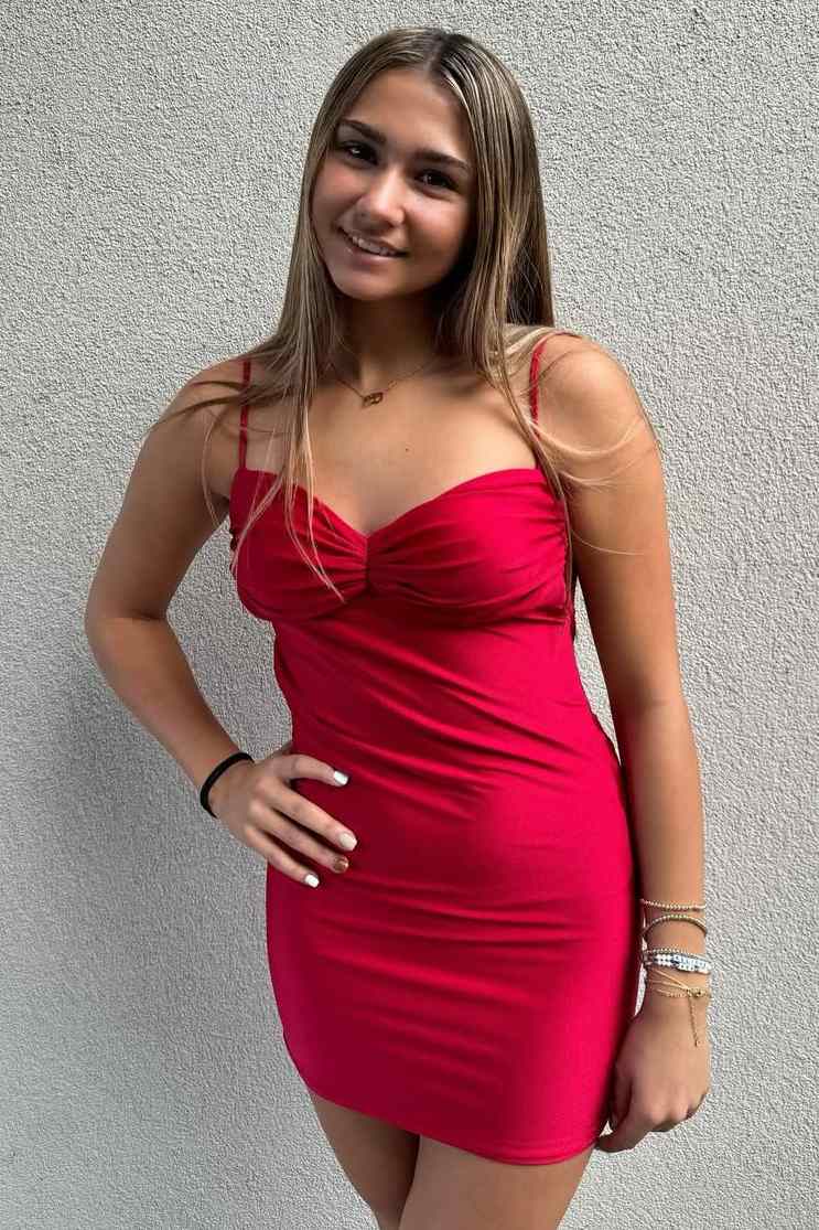Red Spaghetti Straps V-Neck Pleats Sleeveless Mini Homecoming Dress