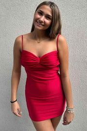 Red Spaghetti Straps V-Neck Pleats Sleeveless Mini Homecoming Dress