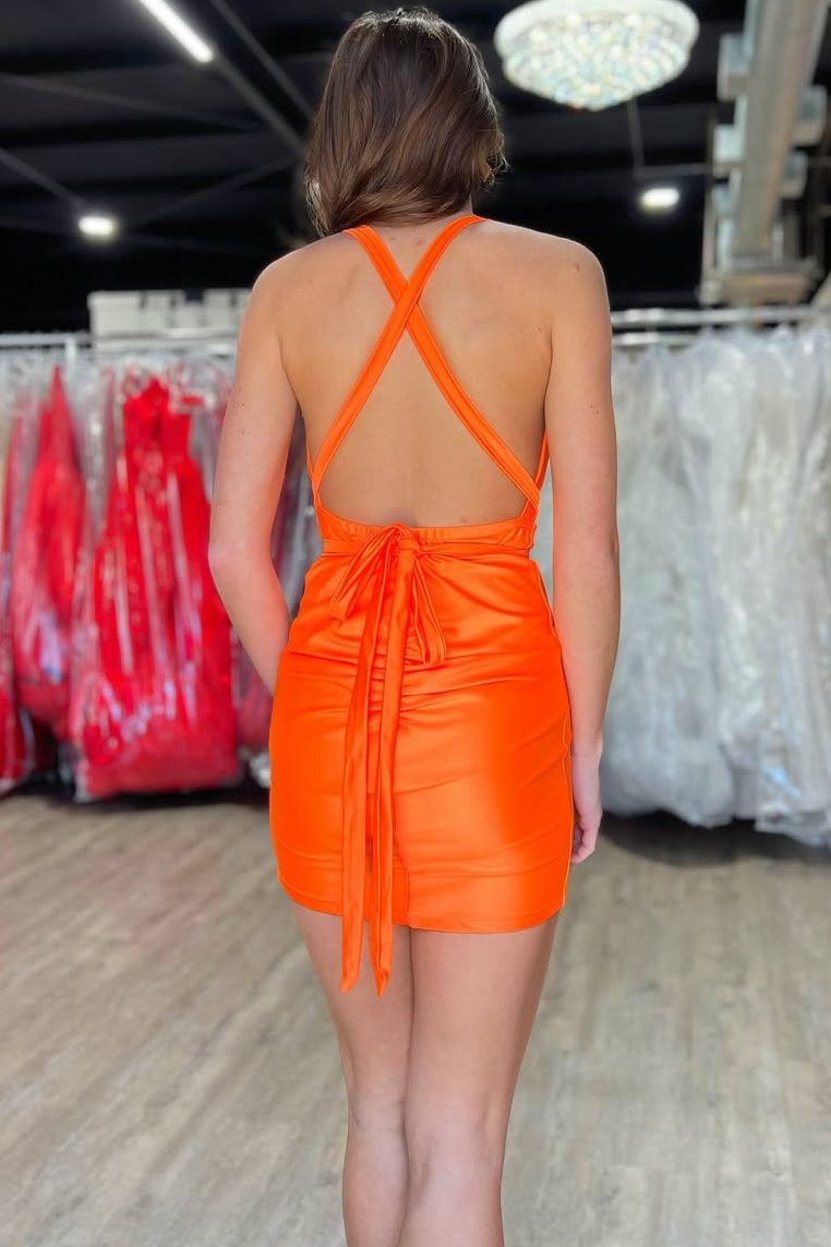 Halter V-Neck Sleeveless Pleats Satin Mini Homecoming Party Dress