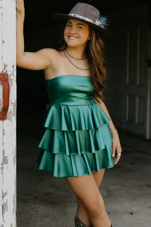 A-Line Strapless Empire-Waist Ruffles Metallic Short Homecoming Dress