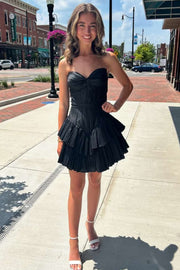 Black Strapless A-Line Layered Sleeveless Pleated Short Homecoming Dress