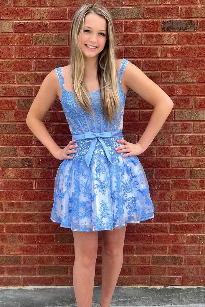 A-Line Blue Straps Lace Appliques Empire-Waist Short Homecoming Dress