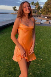 Orange Spaghetti Straps Scoop Satin Short Party Homecoming Dress