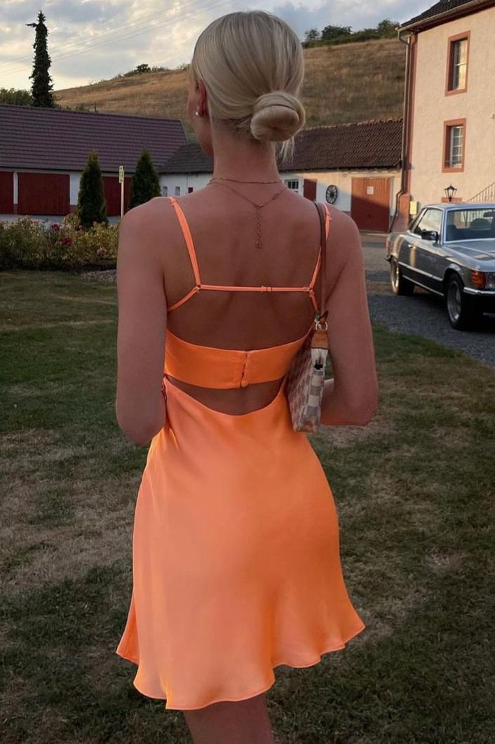 Orange Spaghetti Straps Scoop Satin Short Party Homecoming Dress