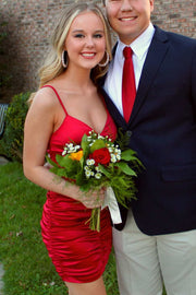 Red Spaghetti Straps V-Neck Ruched Sleeveless Tight Homecoming Dress