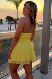Yellow A-Line Strapless Keyhole Empire-Waist Mesh Short Homecoming Dress