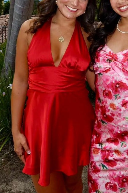 Halter A-Line Empire-Waist V-Neck Satin Short Homecoming Dress