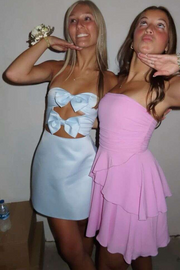 Pink A-Line Strapless Cutouts with Bow Satin Short Homecoming Dress