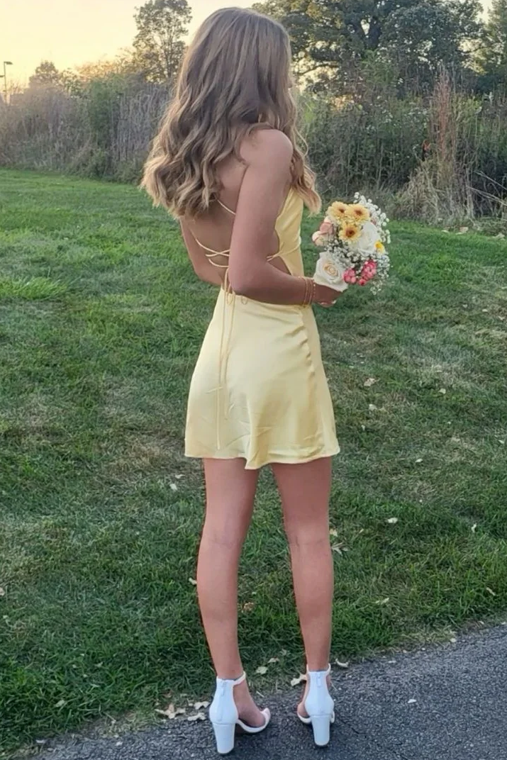 Cowl Neck Spaghetti Straps Satin Pleats Mini Party Homecoming Dress