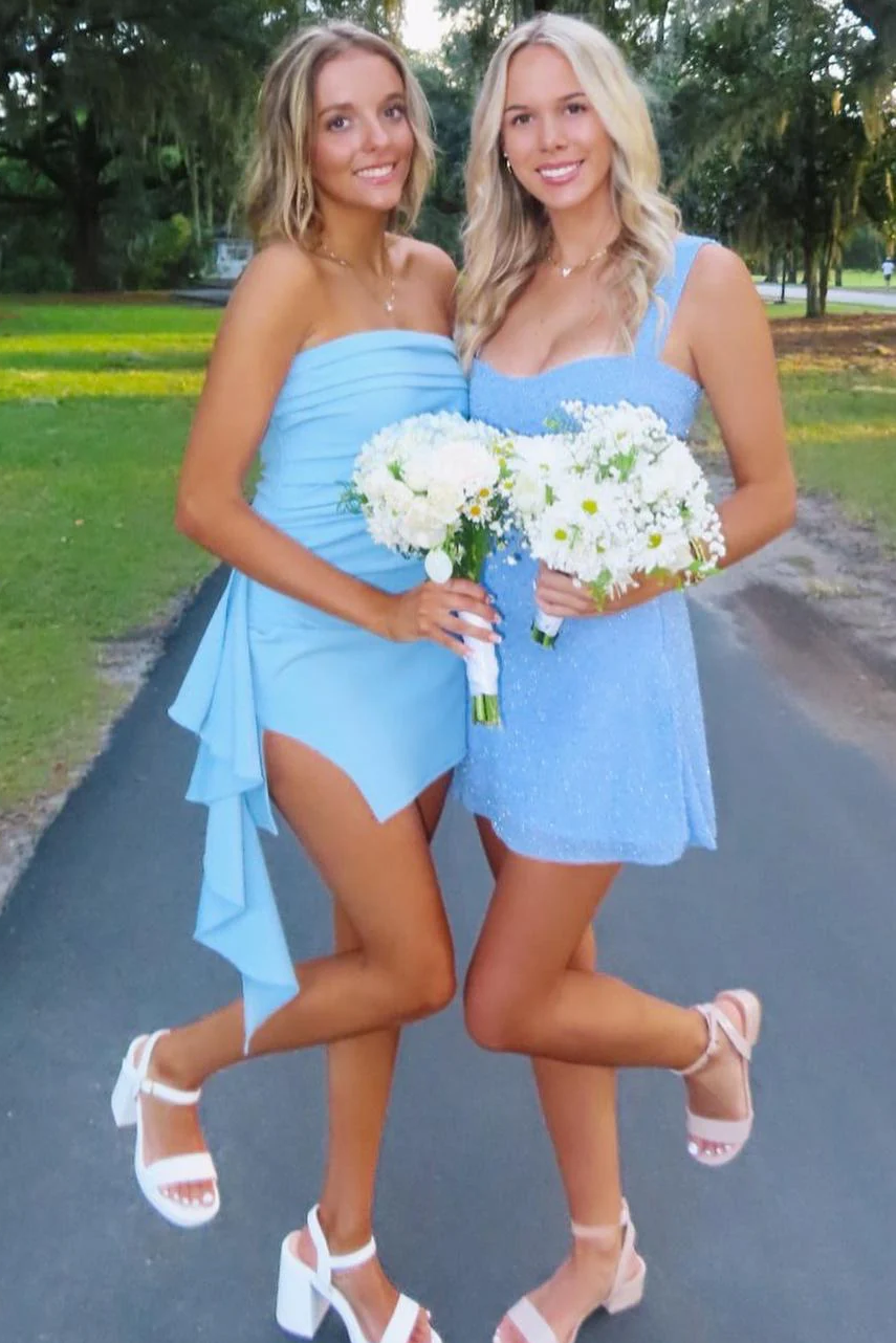 Classy Strapless Pleats Satin Sleeveless Mini Homecoming Dress