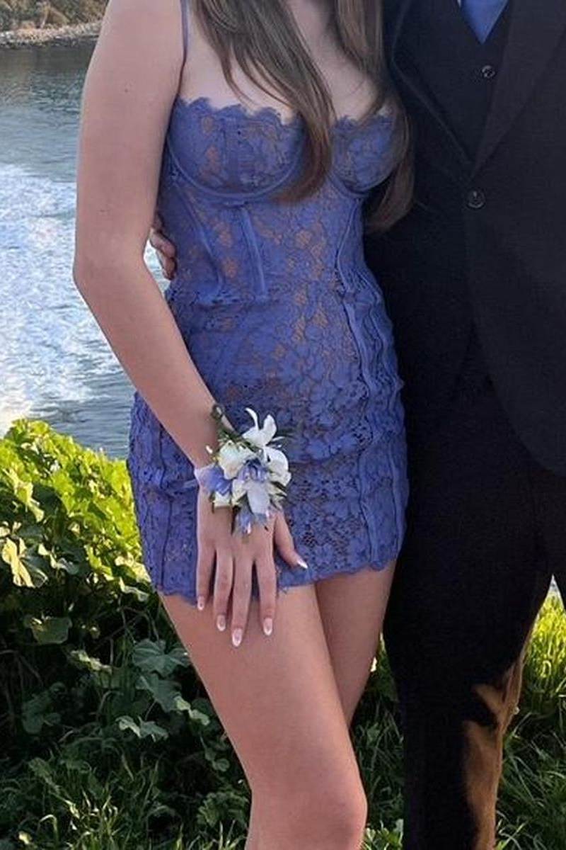 Spaghetti Straps Full Lace Sleeveless Mini Homecoming Cocktail Dress