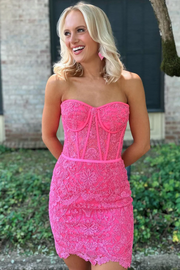 Strapless Lace Appliques Bodycon Sleeveless Short Homecoming Dress
