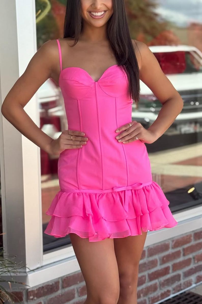 Spaghetti Straps Sweetheart Ruffles Sleeveless Short Homecoming Party Dress